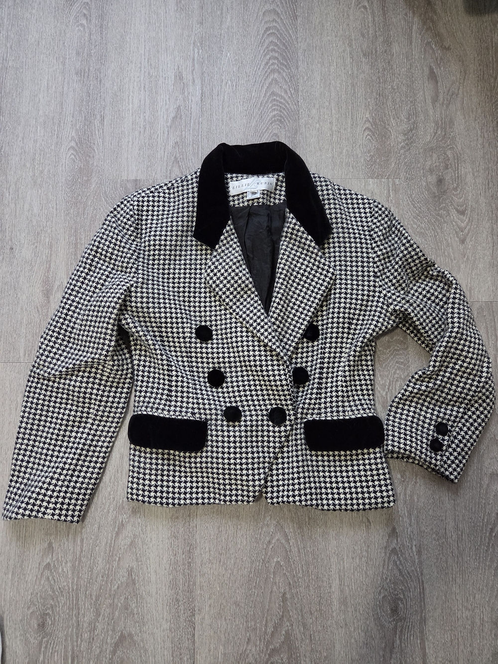 Vintage Lillie Rubin Pure Wool Houndstooth Velvet Trim Blazer Size 10